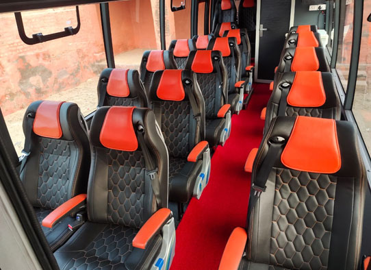 18 seater marcopolo imported mini coach with toilet washroom fridge on rent in delhi